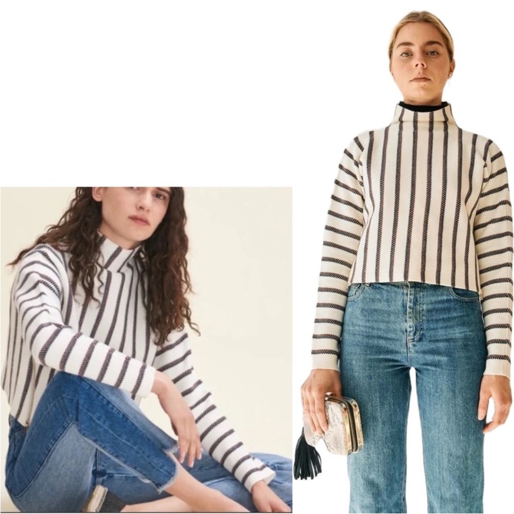 MAJE Stripe Jacquard knit Turtleneck Sweater Burgundy Wool Crop Pullover